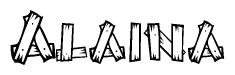 The image contains the name Alaina written in a decorative, stylized font with a hand-drawn appearance. The lines are made up of what appears to be planks of wood, which are nailed together