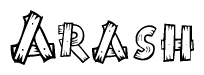 The image contains the name Arash written in a decorative, stylized font with a hand-drawn appearance. The lines are made up of what appears to be planks of wood, which are nailed together