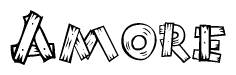 The image contains the name Amore written in a decorative, stylized font with a hand-drawn appearance. The lines are made up of what appears to be planks of wood, which are nailed together