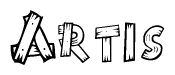 The image contains the name Artis written in a decorative, stylized font with a hand-drawn appearance. The lines are made up of what appears to be planks of wood, which are nailed together