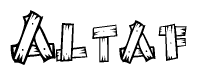 The image contains the name Altaf written in a decorative, stylized font with a hand-drawn appearance. The lines are made up of what appears to be planks of wood, which are nailed together