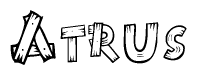 The image contains the name Atrus written in a decorative, stylized font with a hand-drawn appearance. The lines are made up of what appears to be planks of wood, which are nailed together