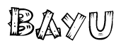 The image contains the name Bayu written in a decorative, stylized font with a hand-drawn appearance. The lines are made up of what appears to be planks of wood, which are nailed together