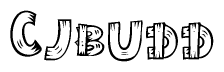 The image contains the name Cjbudd written in a decorative, stylized font with a hand-drawn appearance. The lines are made up of what appears to be planks of wood, which are nailed together