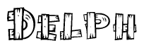 The clipart image shows the name Delph stylized to look as if it has been constructed out of wooden planks or logs. Each letter is designed to resemble pieces of wood.