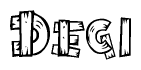 The image contains the name Degi written in a decorative, stylized font with a hand-drawn appearance. The lines are made up of what appears to be planks of wood, which are nailed together