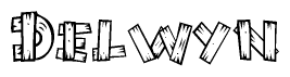 The clipart image shows the name Delwyn stylized to look as if it has been constructed out of wooden planks or logs. Each letter is designed to resemble pieces of wood.