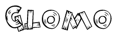 The image contains the name Glomo written in a decorative, stylized font with a hand-drawn appearance. The lines are made up of what appears to be planks of wood, which are nailed together