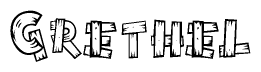 The clipart image shows the name Grethel stylized to look like it is constructed out of separate wooden planks or boards, with each letter having wood grain and plank-like details.