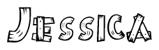 The image contains the name Jessica written in a decorative, stylized font with a hand-drawn appearance. The lines are made up of what appears to be planks of wood, which are nailed together