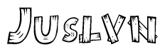 The image contains the name Juslvn written in a decorative, stylized font with a hand-drawn appearance. The lines are made up of what appears to be planks of wood, which are nailed together