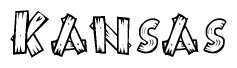 The clipart image shows the name Kansas stylized to look as if it has been constructed out of wooden planks or logs. Each letter is designed to resemble pieces of wood.