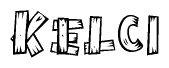 The image contains the name Kelci written in a decorative, stylized font with a hand-drawn appearance. The lines are made up of what appears to be planks of wood, which are nailed together