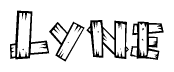 The clipart image shows the name Lyne stylized to look as if it has been constructed out of wooden planks or logs. Each letter is designed to resemble pieces of wood.