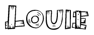 The image contains the name Louie written in a decorative, stylized font with a hand-drawn appearance. The lines are made up of what appears to be planks of wood, which are nailed together