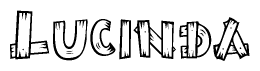 The clipart image shows the name Lucinda stylized to look as if it has been constructed out of wooden planks or logs. Each letter is designed to resemble pieces of wood.