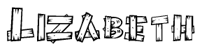 The image contains the name Lizabeth written in a decorative, stylized font with a hand-drawn appearance. The lines are made up of what appears to be planks of wood, which are nailed together