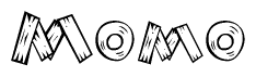 The image contains the name Momo written in a decorative, stylized font with a hand-drawn appearance. The lines are made up of what appears to be planks of wood, which are nailed together