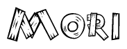 The image contains the name Mori written in a decorative, stylized font with a hand-drawn appearance. The lines are made up of what appears to be planks of wood, which are nailed together