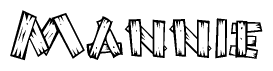 The image contains the name Mannie written in a decorative, stylized font with a hand-drawn appearance. The lines are made up of what appears to be planks of wood, which are nailed together