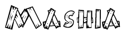 The image contains the name Mashia written in a decorative, stylized font with a hand-drawn appearance. The lines are made up of what appears to be planks of wood, which are nailed together