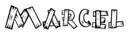 The image contains the name Marcel written in a decorative, stylized font with a hand-drawn appearance. The lines are made up of what appears to be planks of wood, which are nailed together