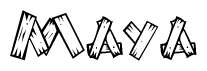The image contains the name Maya written in a decorative, stylized font with a hand-drawn appearance. The lines are made up of what appears to be planks of wood, which are nailed together