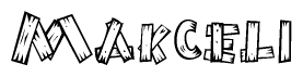 The image contains the name Makceli written in a decorative, stylized font with a hand-drawn appearance. The lines are made up of what appears to be planks of wood, which are nailed together