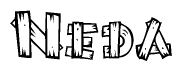 The image contains the name Neda written in a decorative, stylized font with a hand-drawn appearance. The lines are made up of what appears to be planks of wood, which are nailed together