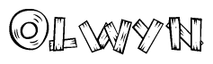 The clipart image shows the name Olwyn stylized to look as if it has been constructed out of wooden planks or logs. Each letter is designed to resemble pieces of wood.