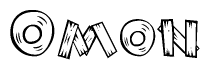 The image contains the name Omon written in a decorative, stylized font with a hand-drawn appearance. The lines are made up of what appears to be planks of wood, which are nailed together