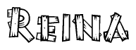 The image contains the name Reina written in a decorative, stylized font with a hand-drawn appearance. The lines are made up of what appears to be planks of wood, which are nailed together