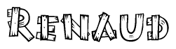 The image contains the name Renaud written in a decorative, stylized font with a hand-drawn appearance. The lines are made up of what appears to be planks of wood, which are nailed together