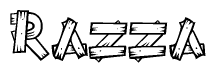 The image contains the name Razza written in a decorative, stylized font with a hand-drawn appearance. The lines are made up of what appears to be planks of wood, which are nailed together