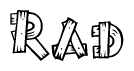 The image contains the name Rad written in a decorative, stylized font with a hand-drawn appearance. The lines are made up of what appears to be planks of wood, which are nailed together