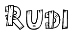 The clipart image shows the name Rudi stylized to look as if it has been constructed out of wooden planks or logs. Each letter is designed to resemble pieces of wood.