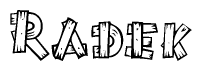 The clipart image shows the name Radek stylized to look as if it has been constructed out of wooden planks or logs. Each letter is designed to resemble pieces of wood.