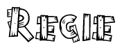 The image contains the name Regie written in a decorative, stylized font with a hand-drawn appearance. The lines are made up of what appears to be planks of wood, which are nailed together
