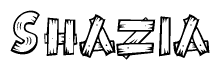 The image contains the name Shazia written in a decorative, stylized font with a hand-drawn appearance. The lines are made up of what appears to be planks of wood, which are nailed together