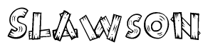 The image contains the name Slawson written in a decorative, stylized font with a hand-drawn appearance. The lines are made up of what appears to be planks of wood, which are nailed together