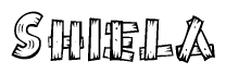 The image contains the name Shiela written in a decorative, stylized font with a hand-drawn appearance. The lines are made up of what appears to be planks of wood, which are nailed together