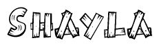 The clipart image shows the name Shayla stylized to look as if it has been constructed out of wooden planks or logs. Each letter is designed to resemble pieces of wood.