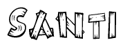 The image contains the name Santi written in a decorative, stylized font with a hand-drawn appearance. The lines are made up of what appears to be planks of wood, which are nailed together