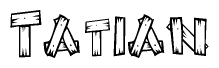 The clipart image shows the name Tatian stylized to look as if it has been constructed out of wooden planks or logs. Each letter is designed to resemble pieces of wood.