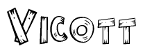 The image contains the name Vicott written in a decorative, stylized font with a hand-drawn appearance. The lines are made up of what appears to be planks of wood, which are nailed together
