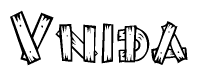 The image contains the name Vnida written in a decorative, stylized font with a hand-drawn appearance. The lines are made up of what appears to be planks of wood, which are nailed together