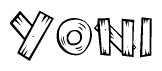 The image contains the name Yoni written in a decorative, stylized font with a hand-drawn appearance. The lines are made up of what appears to be planks of wood, which are nailed together