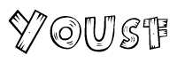 The image contains the name Yousf written in a decorative, stylized font with a hand-drawn appearance. The lines are made up of what appears to be planks of wood, which are nailed together