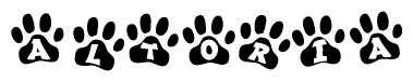 The image shows a series of animal paw prints arranged horizontally. Within each paw print, there's a letter; together they spell Altoria