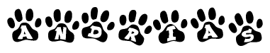 The image shows a row of animal paw prints, each containing a letter. The letters spell out the word Andrias within the paw prints.